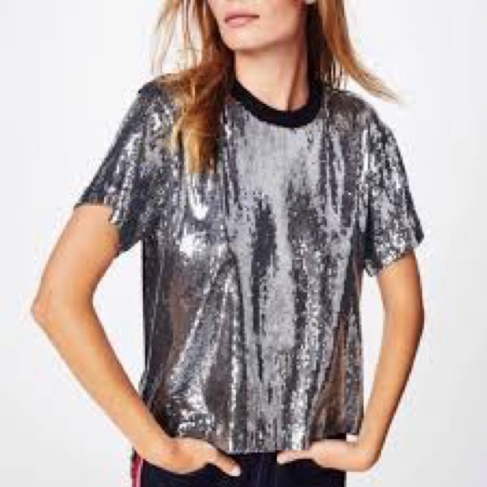 Glamorous Silver Sequin Short Sleeve Top